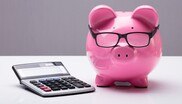 Rosafarbenes Sparschwein mit Brille und Rechner