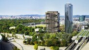 Rendering des neuen Hochhausprojekts. Ein großer Wolkenkratzer steht in der nähe vom Prater.