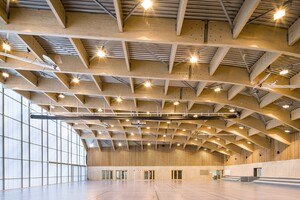 Das gitternetzartige Holztragwerk der Sportanlage in Paris-Clamart ist hochkomplex aufgrund seiner vielen verschiedenen Krümmungen, ansteigenden und abfallenden Bereichen sowie der großen Dachöffnung. 