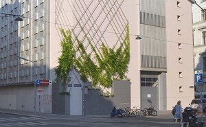 Teilbegrünung der Fassade des Umspannwerks der Wiener Netze in der Wiener Innenstadt mit einem "Netzwerk".