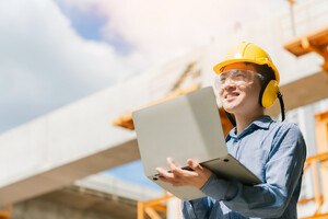 Frau auf Baustelle mit Laptop