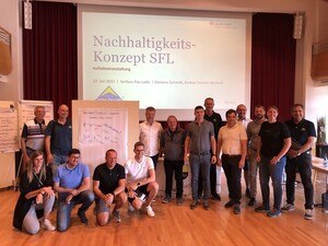 Eine Gruppe an Personen steht vor einer Projektion und Plakaten zum Thema Nachhaltigkeit.