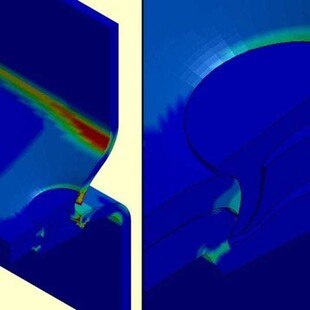 © Fraunhofer IWM Versagen einer Stanznietverbindung unter Biegebelastung: Die roten Bereiche wurden besonders stark verformt.