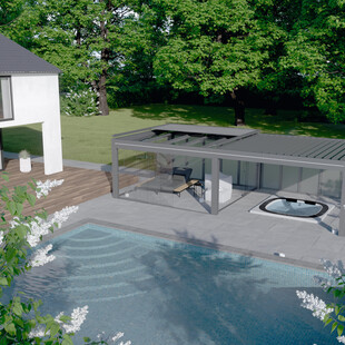 Modern und geradlinig: Das Lamellendach von TS-Aluminium ist mit einem Flachdach aus Glas kombinierbar und überzeugt in kubischer Architektur.