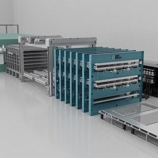 © Fotoverbundglas Marl GmbH / LamiPress In der "DoublePress"-Ausführung und mit einem Nutzmaß von 6 x 3,21 Meter werden auf der "LamiPress" bis zu 250 Quadratmeter pro Schicht gefertigt.